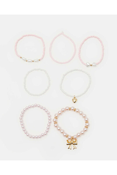 REDTAG مجموعة أساور متنوعة للبنات من اللؤلؤ والخرز - عبوة من 7 قطع