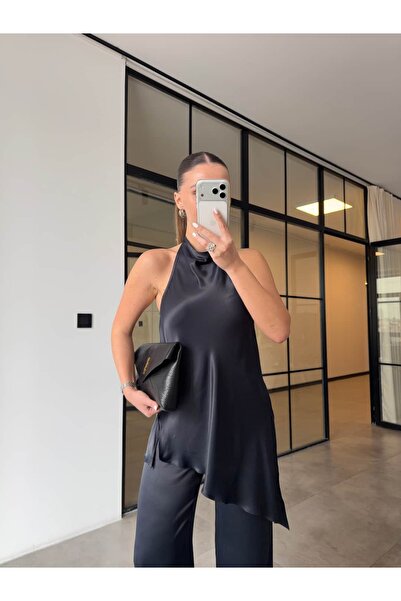 BB Bensu Buyruk Asymmetric Satin Blouse and Pants Set with Necklace Detail, N...