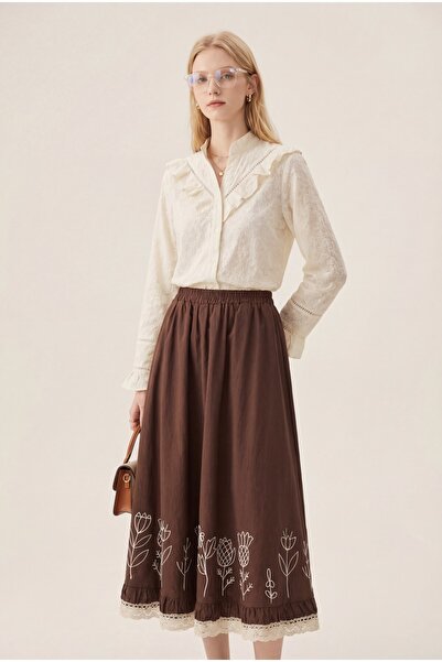 MissRunin Kolu Ve Yakası Volanlı Brode Işlemeli Vual Gömlek