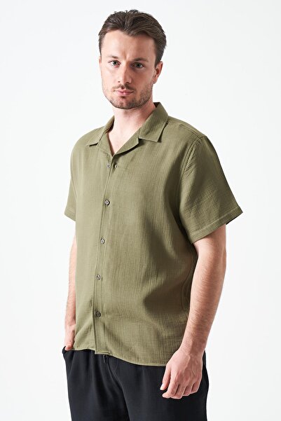 TENA Men's Khaki Short Sleeve Apaj Collar Muslin Regular Shirt