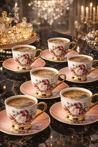 COCEM Premium Porcelain Coffee Cup Set for 6 People Floral Print Luxury Set