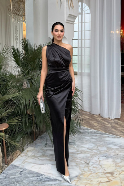 Sindimoda İnci One-Shoulder Satin Y Slit Evening Dress