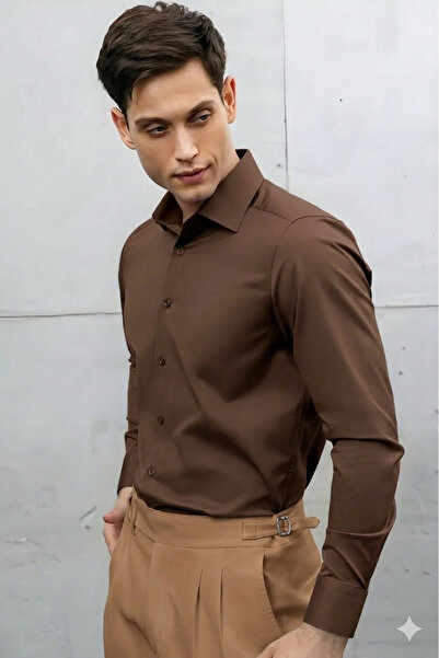 cathe cat Cotton Satin Slim Fit Long Sleeve Easy-Iron Breathable Texture Tie-...