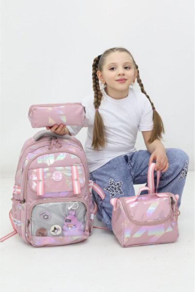 Probag Roze praškasto roza 3-dijelni set školske torbe, ruksak sa geometrijsk...