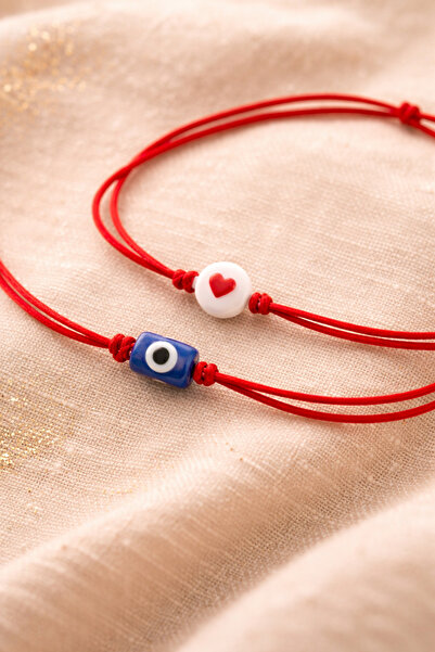 Crystal Atelier Red String Evil Eye B Beaded Heart Lover Bracelet Set – Adjustable Couple Bracelet