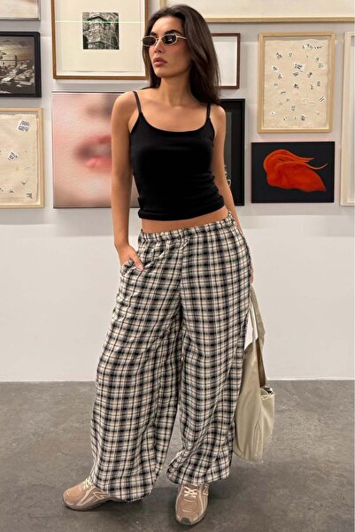 Madmext Taş Rengi Ekose Desenli Yüksek Bel Balon Fit Kadın Pantolon MG2726