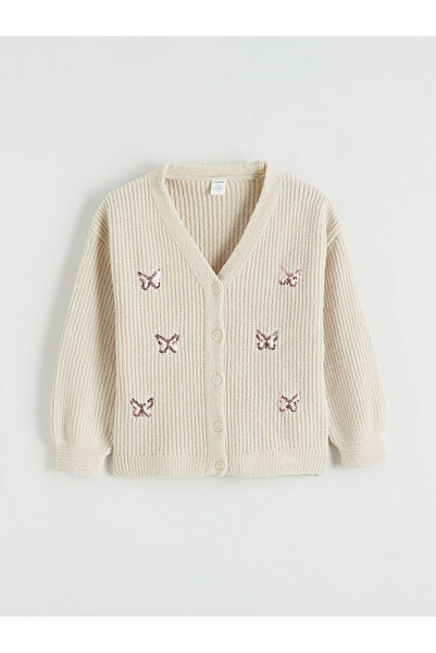 LC Waikiki Ecru V-Neck Sequin Embroidered Girls' Knitwear Cardigan