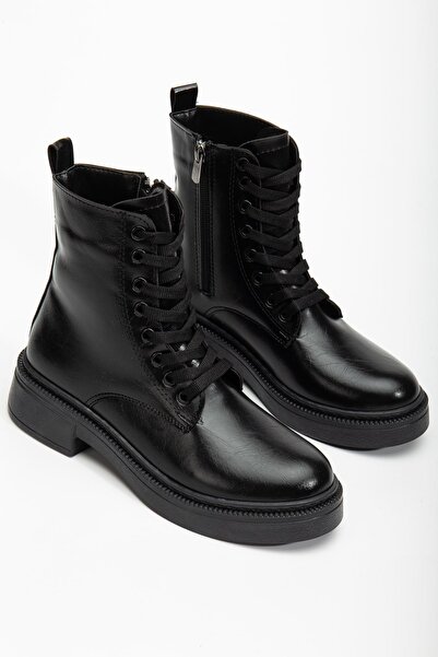 Delroshine Women's Shiny Daily Black Leather Thick Soled Boots