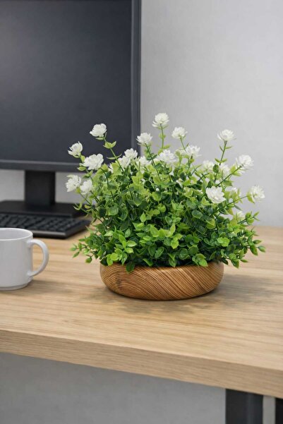 SAKLI ATÖLYEM Dekoratif Ahşap Saksıda Yapay Beyaz Çiçek – Ofis & Ev Masası İç...