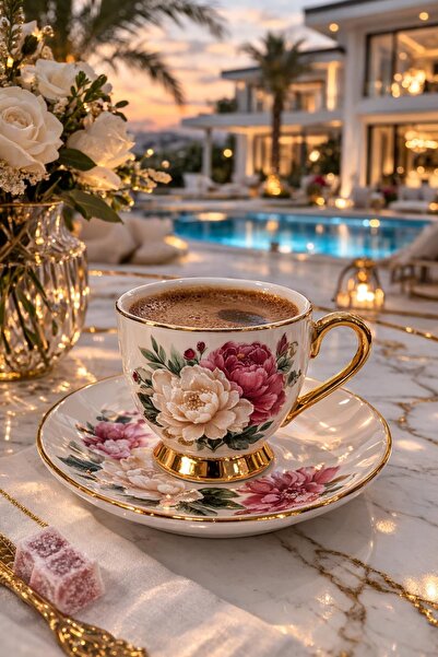 PARİONETTE Luxury Porselen Kahve Fincan Takımı 6 Kişilik Çiçek Desenli