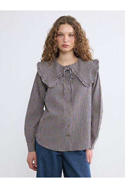 LC Waikiki Lcw Modest Navy Blue Baby Collar Plaid Ruffle Blouse with Nevavm D...