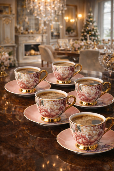 COCEM Luxury Porselen Kahve Fincan Takımı 6 Kişilik Çiçek Desenli