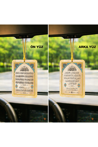 Sadrazam Çift Yüz MDF Dikiz Aynası Süsü–Ön Yüz Ayetel Kürsi & Nazar Ayeti-Ark...