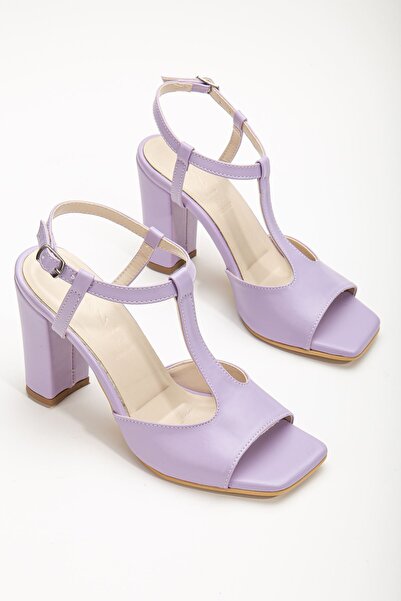 Delroshine Entela Topuklu Lila Cilt Küt Burunlu Kadın Ayakkabı