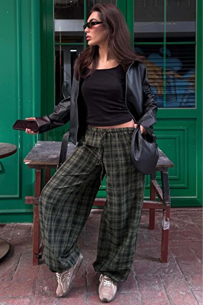 Madmext Khaki Plaid Patterned High Waist Balloon Fit Women's Trousers Mg2726