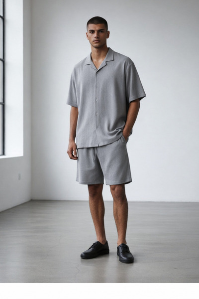 Shine Stone Men's short sleeve shirt & shorts set - crinkle fabric