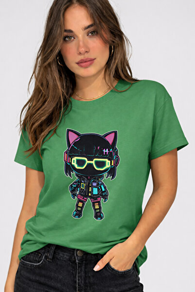 ship master Γυναικείο μπλουζάκι Neon Cyberpunk Cat Με τύπωμα χαρακτήρα Πράσιν...