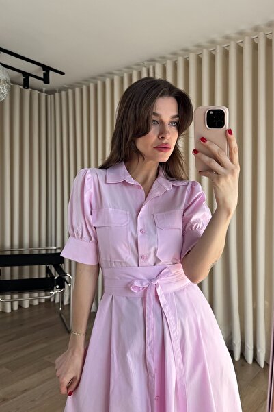 Sue Store Powder Pink Balloon Sleeve Corset Detailed Shirt Dress