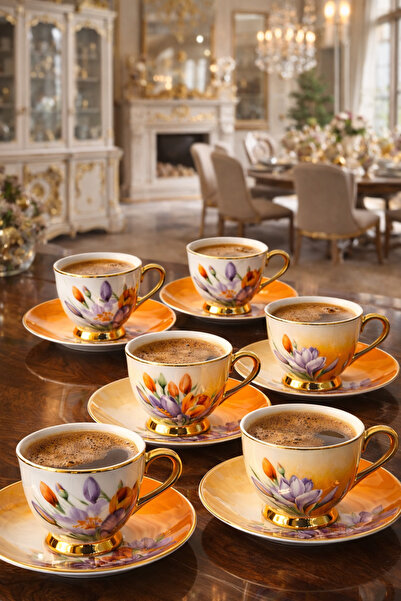 COCEM طقم فناجين قهوة من البورسلين الفاخر لـ 6 أشخاص بنقشة زهور