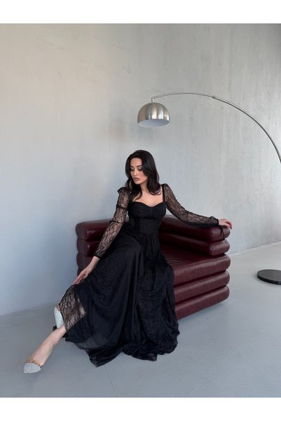 Serica Moda Black Heart Neck Corset Detail Front Tie Lace Evening Dress