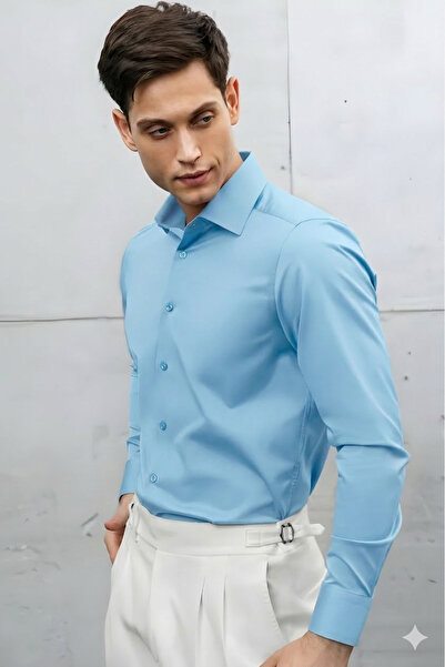 cathe cat Cotton Satin Slim Fit Long Sleeve Easy-Iron Breathable Texture Tie-...