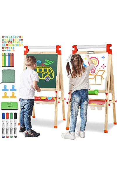 Arabest حامل رسم للأطفال مع لفتين من ورق الرسم، سبورة طباشيرية، سبورة بيضاء م...