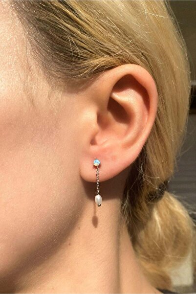 Spossy Silver Jewelry Opal Taşlı, Gerçek İnci Sallantılı Minimal Küpe