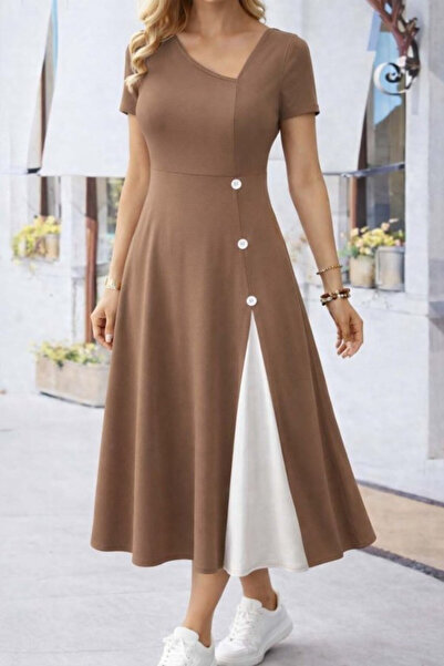 JANES Women's Black Asymmetrical Collar Button Detail Viscose Midi Dress - Sh...