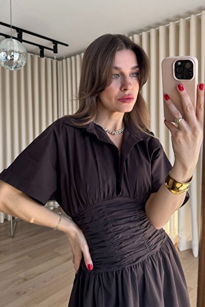 Sue Store Rochie maro guler de cămașă cu drapaj în talie