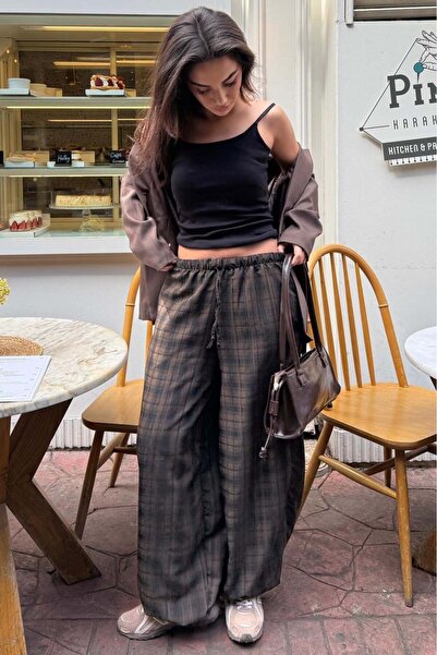 Madmext Kahverengi Ekose Desenli Yüksek Bel Balon Fit Kadın Pantolon MG2726