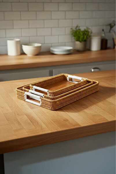 Vadi Wicker Rectangular Organizer Tray Set of 3 White Kitchen Serving Tray wi...