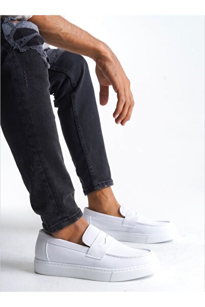 TUGERDİ White Belted Laceless Lightweight High Sole Style Men's Shoes Tge230730