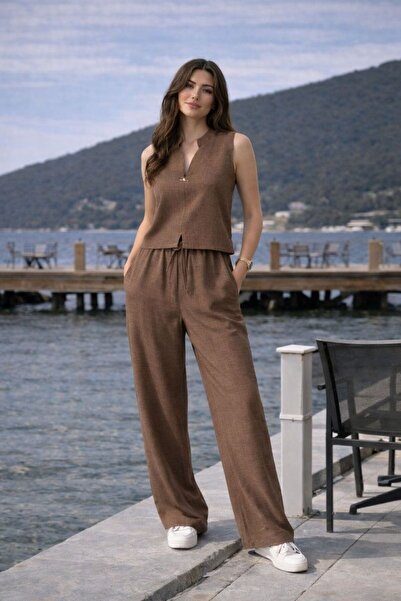 mor butik Women's Brown Linen Accessory Detailed Vest and Pants Set Sleeveles...