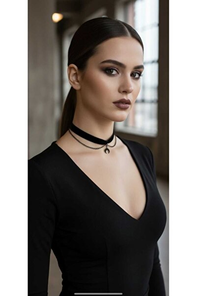 Corvus kolye&bileklik Siyah Gotik Hilal Ay Figürlü Kadife Tasma