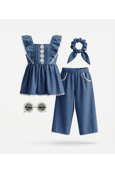 Victor and Jane Girls 4 pc Set - Denim Look Top & Culotte Pants Set with Lace...