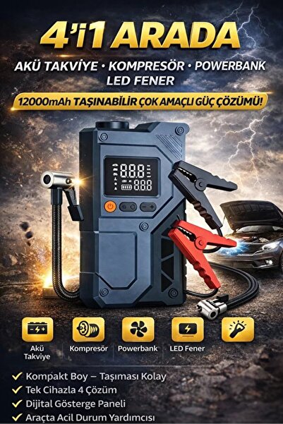 EN SİGA Akü Takviye Kompresörlü Jump Starter 12000 mAh Powerbank LED Fenerli ...