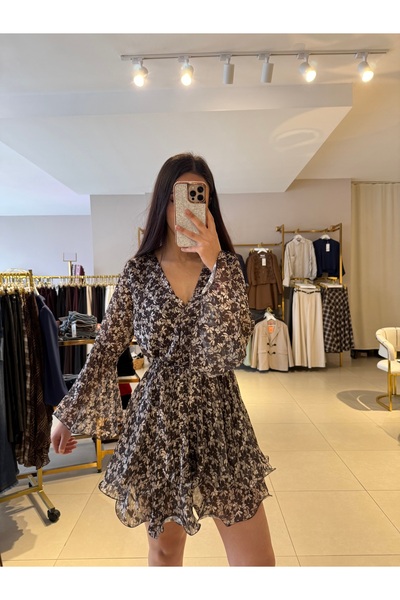 Robin Fırfır Detaylı Çiçek Desenli Astarlı Şifon Elbise - Kahverengi