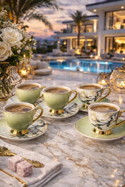 PARİONETTE Luxury Yeşil Porselen Kahve Fincan Takımı 6 Kişilik Çiçek Desenli