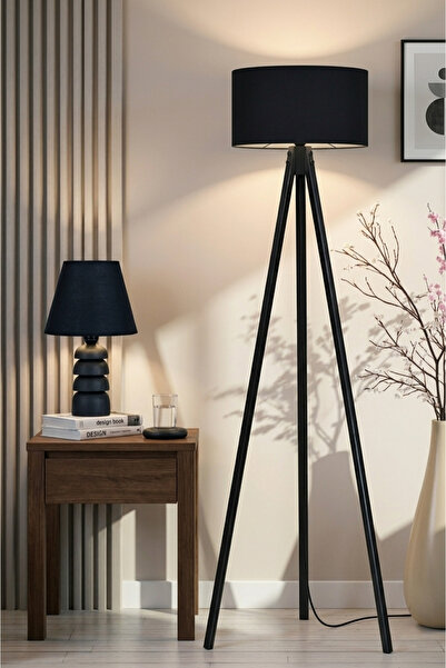 Lambazade Dark 2’li Ahşap Siyah Gövde Siyah Başlık Tripod Lambader & Abajur Seti