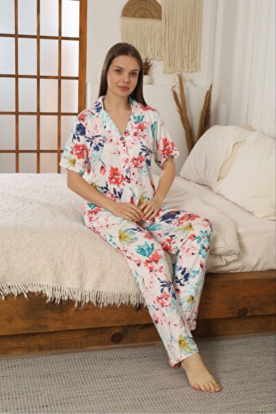 FAMES PİJAMA Summer Combed Cotton Lycra Women's Buttoned Pajama Set