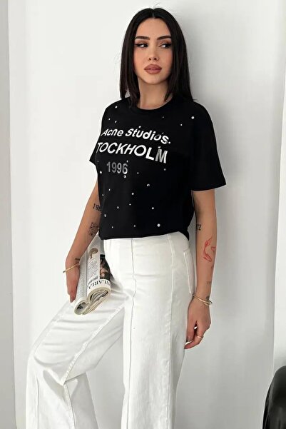 Cool & Sexy تي شيرت مكتوب عليه تفاصيل حجرية باللون الأسود