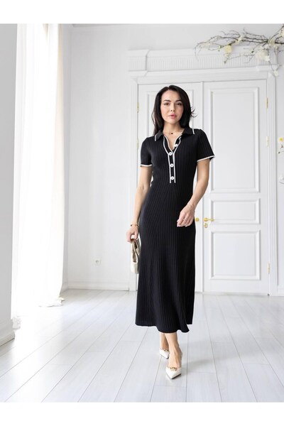 MODAMERSİ Women's Black Corded Fabric Long Striped Detail Polo Collar Knit Dress