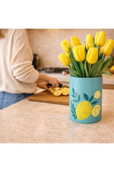 color house 1 Piece of Turquoise Ceramic Spoon with Lemon Motif (16 cm Length - 10 cm Diameter)