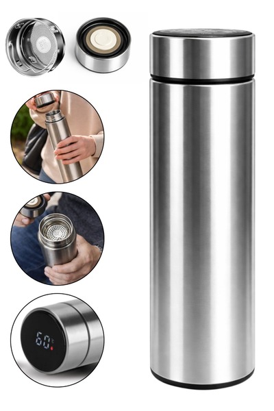 MOONSHOP Termometreli Led Dijital Göstergeli Çelik Termos Matara Suluk