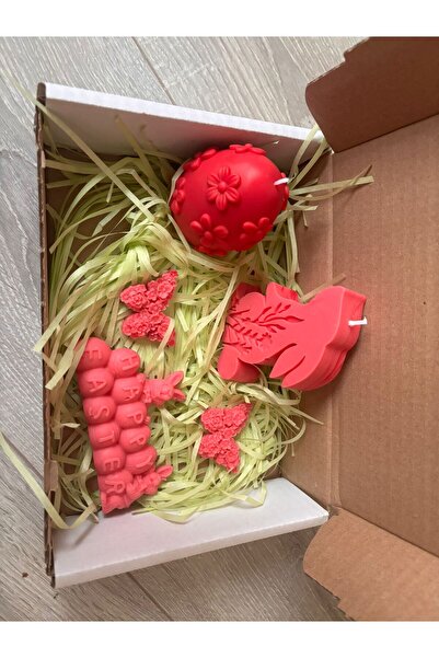 Roots&Flame Set Lumânări Paște Roz și Roșu - Ou + Iepure + Fluturi + Mesaj Ha...