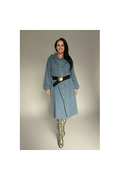 FeteRL Velvet Dress, Light Blue with Buttons and Ruffles