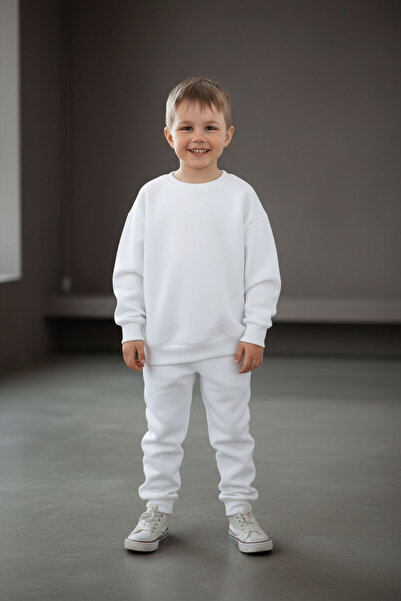 evavi Erkek Çocuk Baskısız Düz Bisiklet Yaka Beyaz Sweatshirt ve Cepli Eşofma...