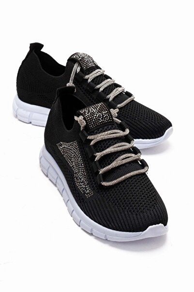 CCWAY AYAKKABI Women's Knitwear Stoned Lace-Up Shoes Black White