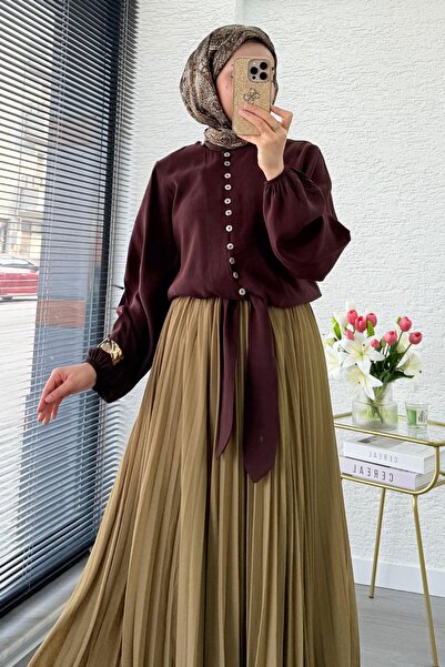 MELEK ARAZ Bluză Premium Hakim cu guler în V în față cu detaliu cu șnur modal...