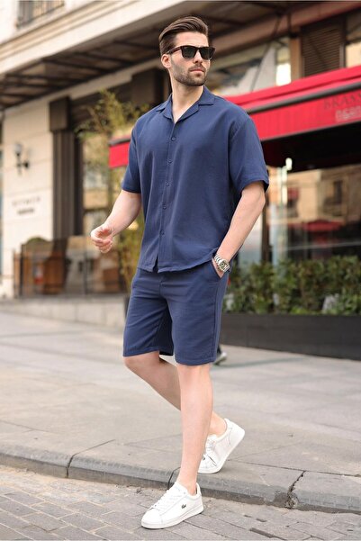Madmext Navy Blue 100% Cotton Piece Men's Shorts and Shirt Set E7360